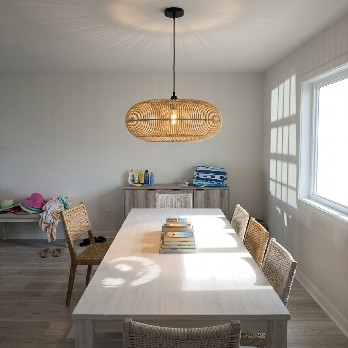 Donut Rattan Round Pendant Light above dining table, low woven ring with an open center keeping sightlines clear at standard ceiling height