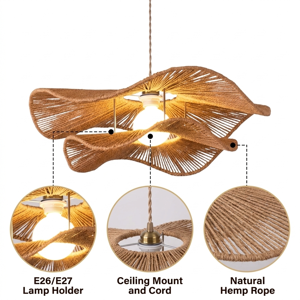 Double Layer Hemp Rope Wavy Pendant Lamp with double-layer wavy hemp rope coil weave, adjustable cord mount, one E26 socket, natural and beige matte finish