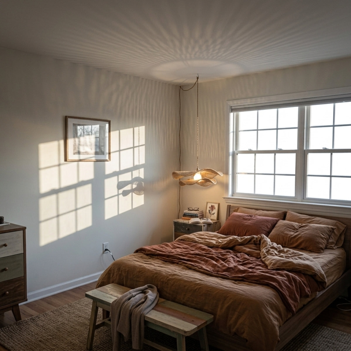 Double Layer Hemp Rope Wavy Pendant Lamp in bedroom, wavy hemp coil hung close beside the nightstand freeing the surface for books or water