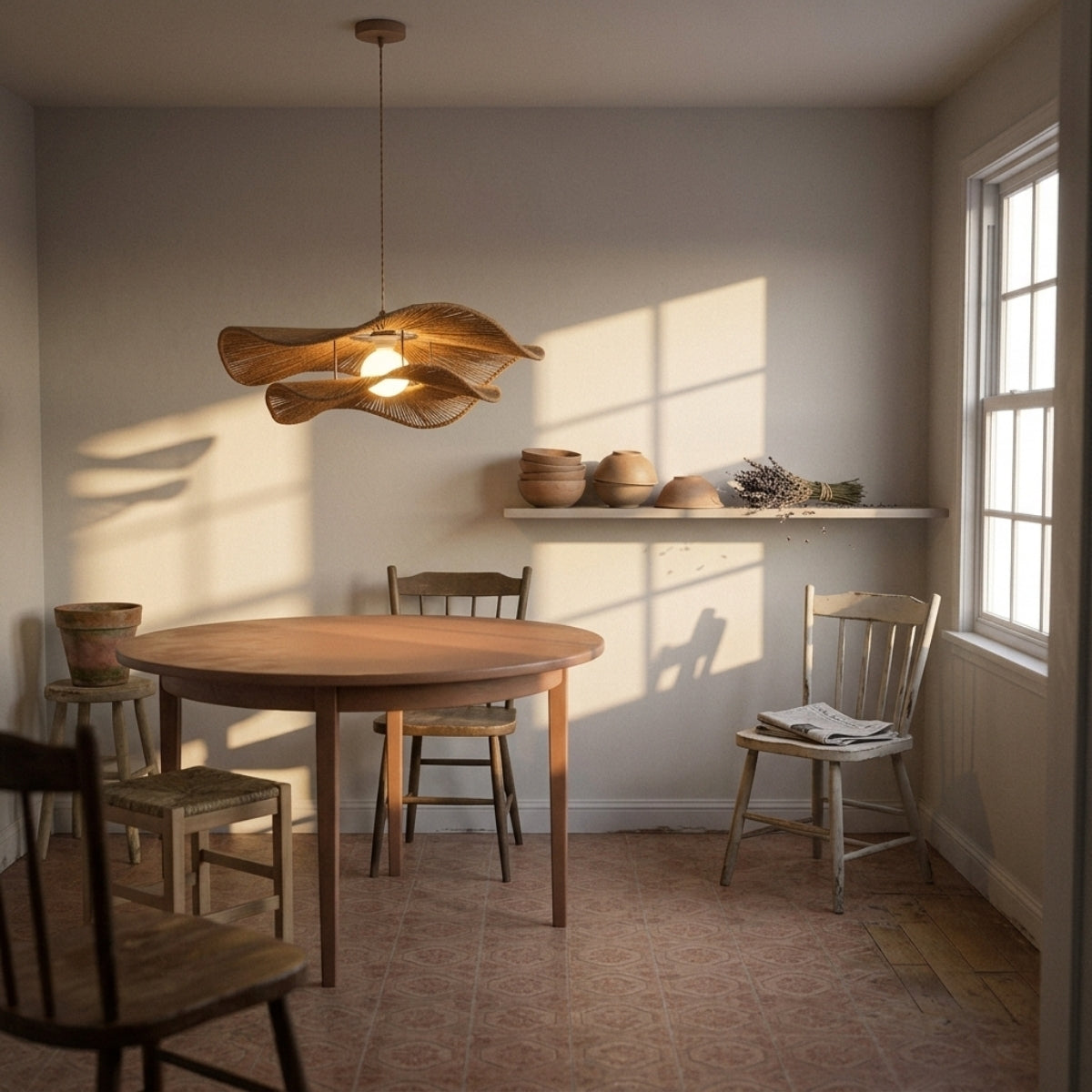 Double Layer Hemp Rope Wavy Pendant Lamp above dining table, wide wavy silhouette centered 30 to 36 inches up spreading light evenly without glare