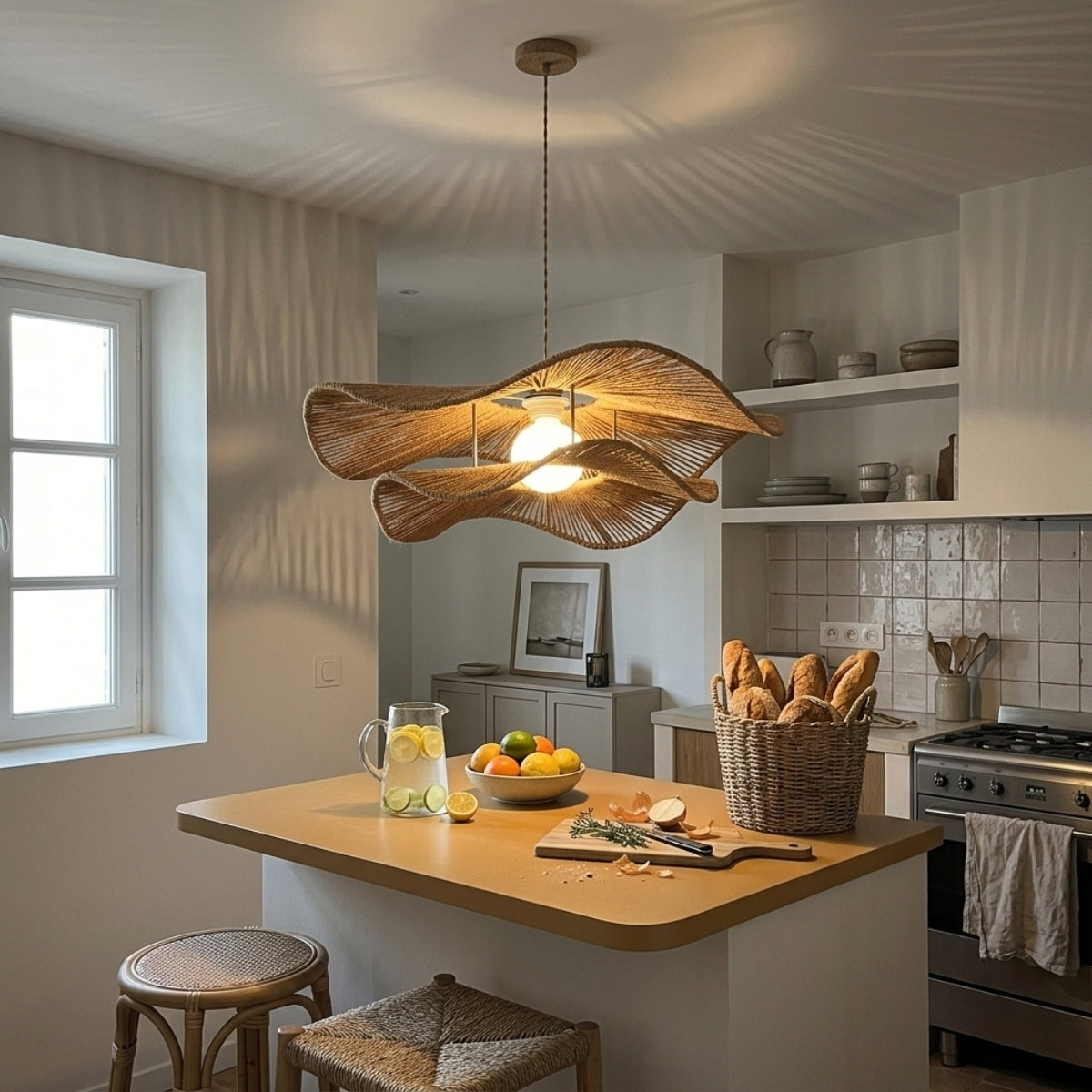 Double Layer Hemp Rope Wavy Pendant Lamp over kitchen island, wavy hemp shades clustered 24 to 28 inches apart spreading light evenly along the counter