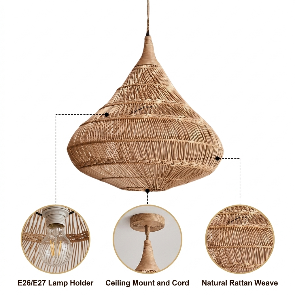 Drop Rattan Basket Pendant Light with seven-tier horizontal segmented basket weave, tapered onion shape, adjustable cord mount, one E26 socket, natural matte finish