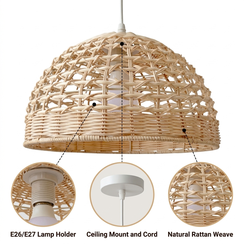Eauso Coastal Small Rattan Wicker Pendant Light with dense horizontal bands below and open diamond lattice above, adjustable cord mount, one E26 socket