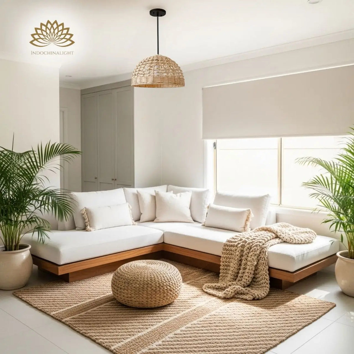 Eauso Coastal Small Rattan Wicker Pendant Light in living room, compact dome over the coffee table throwing open lattice pattern onto the ceiling above