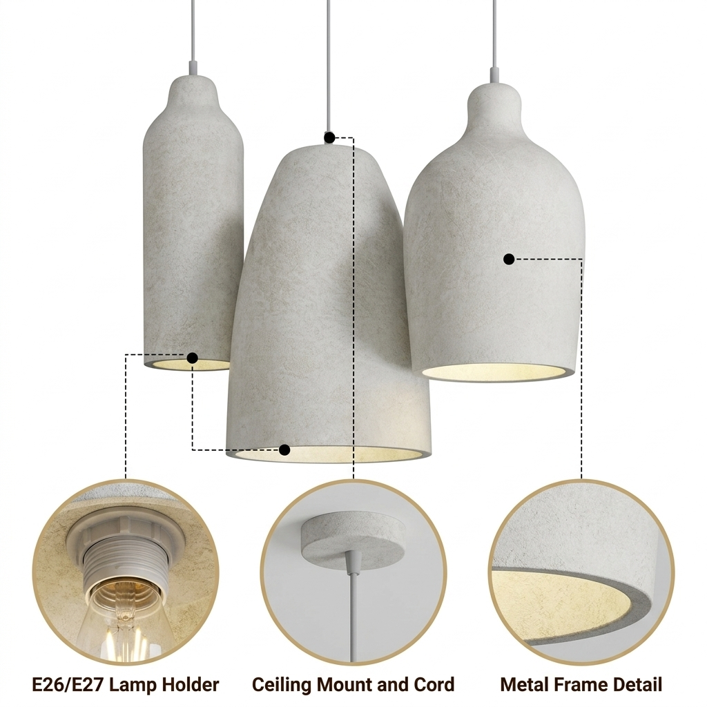 Ebony Wabi Sabi Cylinder Pendant Light with raw plaster-textured molded panel, adjustable cord mount, one E26 socket, white matte and gray matte finishes