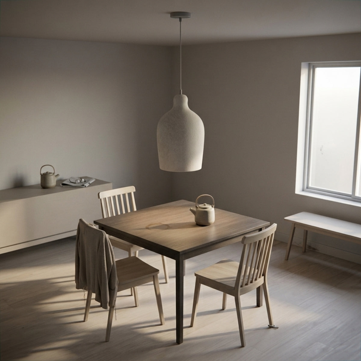 Ebony Wabi Sabi Cylinder Pendant Light above dining table, slim tall cylinder hung clear of sightlines so guests see each other across the table