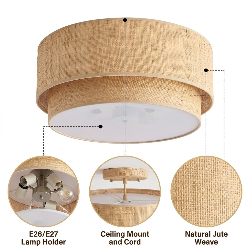 El Corte Drum Round Wicker Light Flush Mount with dense plain weave stepped two-tier jute drum, flush ceiling mount, one E26 socket, natural matte finish