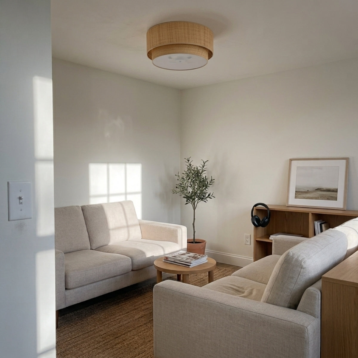 El Corte Drum Round Wicker Light Flush Mount in living room, wide stepped drum flush against an 8 to 9 ft ceiling above the coffee table