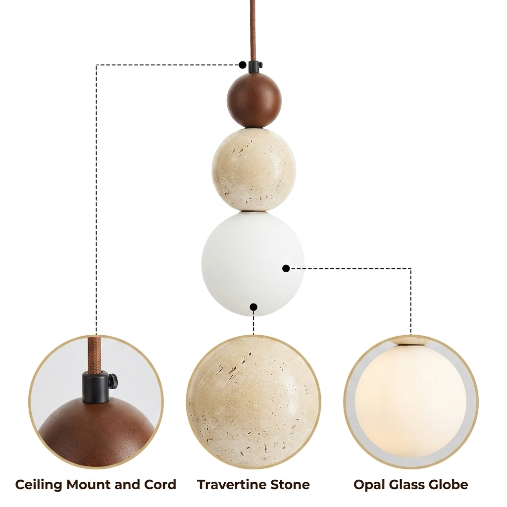 Elara Duo Wabi Sabi Three Ball Travertine Stone Pendant Light with stacked hand-carved travertine, walnut, and frosted glass globes, adjustable cord mount, one E26 socket