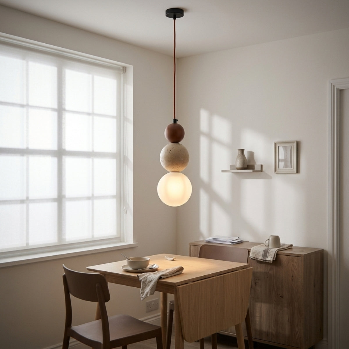 Elara Duo Wabi Sabi Three Ball Travertine Stone Pendant Light above dining table, mini stacked globe keeping frosted glow close without glare on place settings