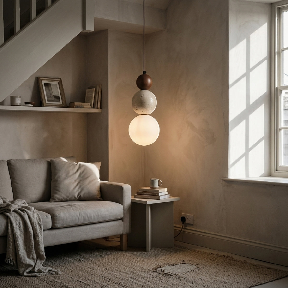 Elara Duo Wabi Sabi Three Ball Travertine Stone Pendant Light in living room, mini travertine globe glowing near a reading chair clear of sofa sightlines