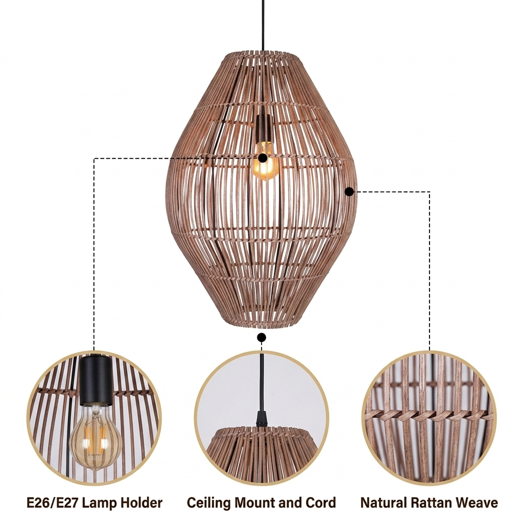 Elena Rattan Pendant Light with hand-plaited open-weave rattan strips, tall narrow teardrop form, adjustable cord mount, one E26 socket, natural matte finish