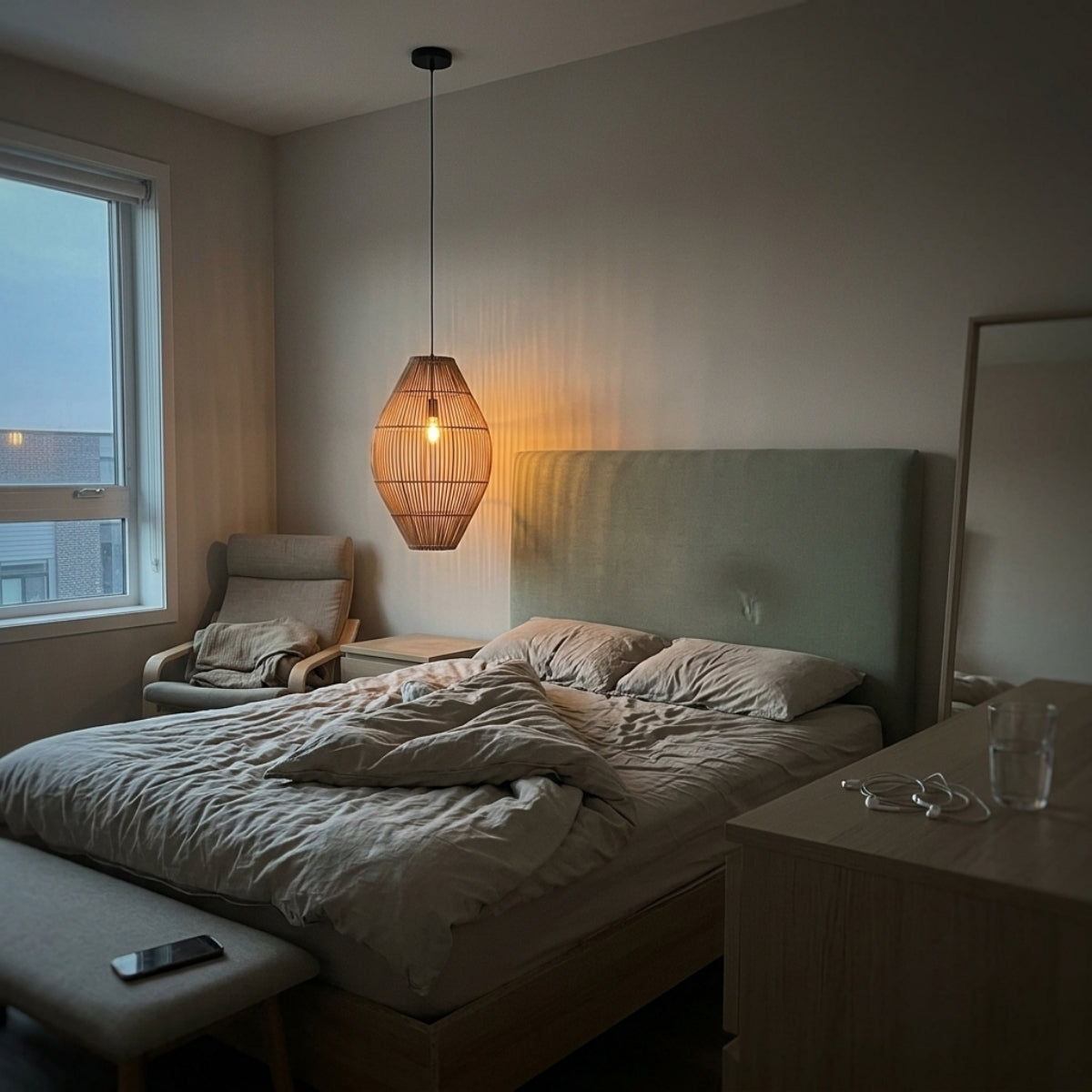 Elena Rattan Pendant Light in bedroom, narrow teardrop shade staying clear of pillows while casting a warm pool of light for reading beside the bed