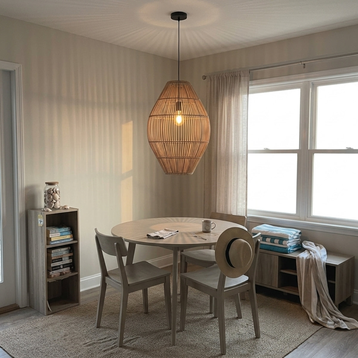 Elena Rattan Pendant Light above dining table, long teardrop shade dropping low enough to cover the tabletop without throwing glare into seated eyes