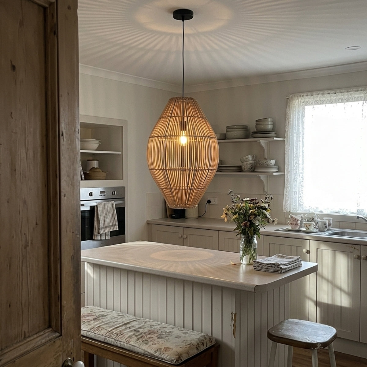 Elena Rattan Pendant Light over kitchen island, compact teardrop shades clustered 24 to 30 inches apart so light spreads evenly across the counter