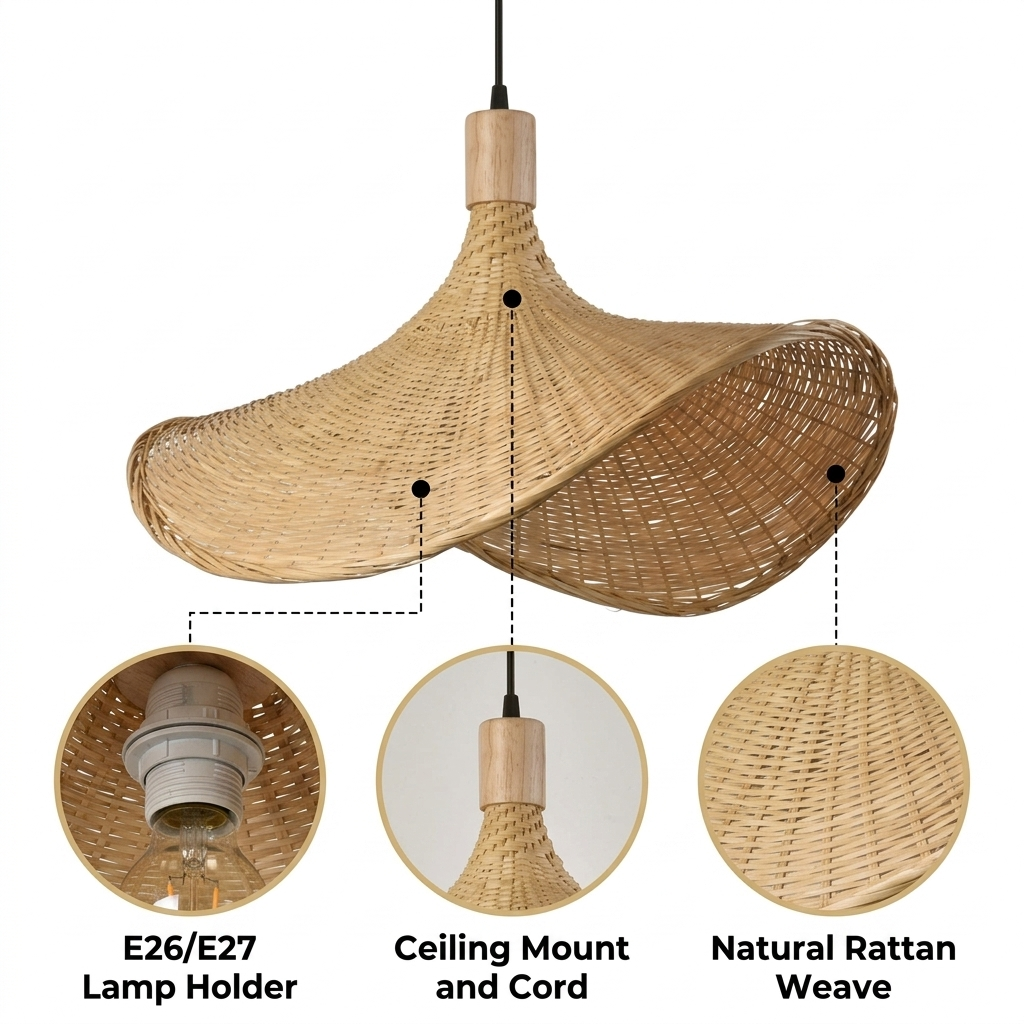 Ellie Straw Hat 3 Light Rattan Pendant with open crisscross hand-woven rattan, sweeping hat-shaped profile, adjustable ceiling mount, three E26 sockets for warm ambient glow