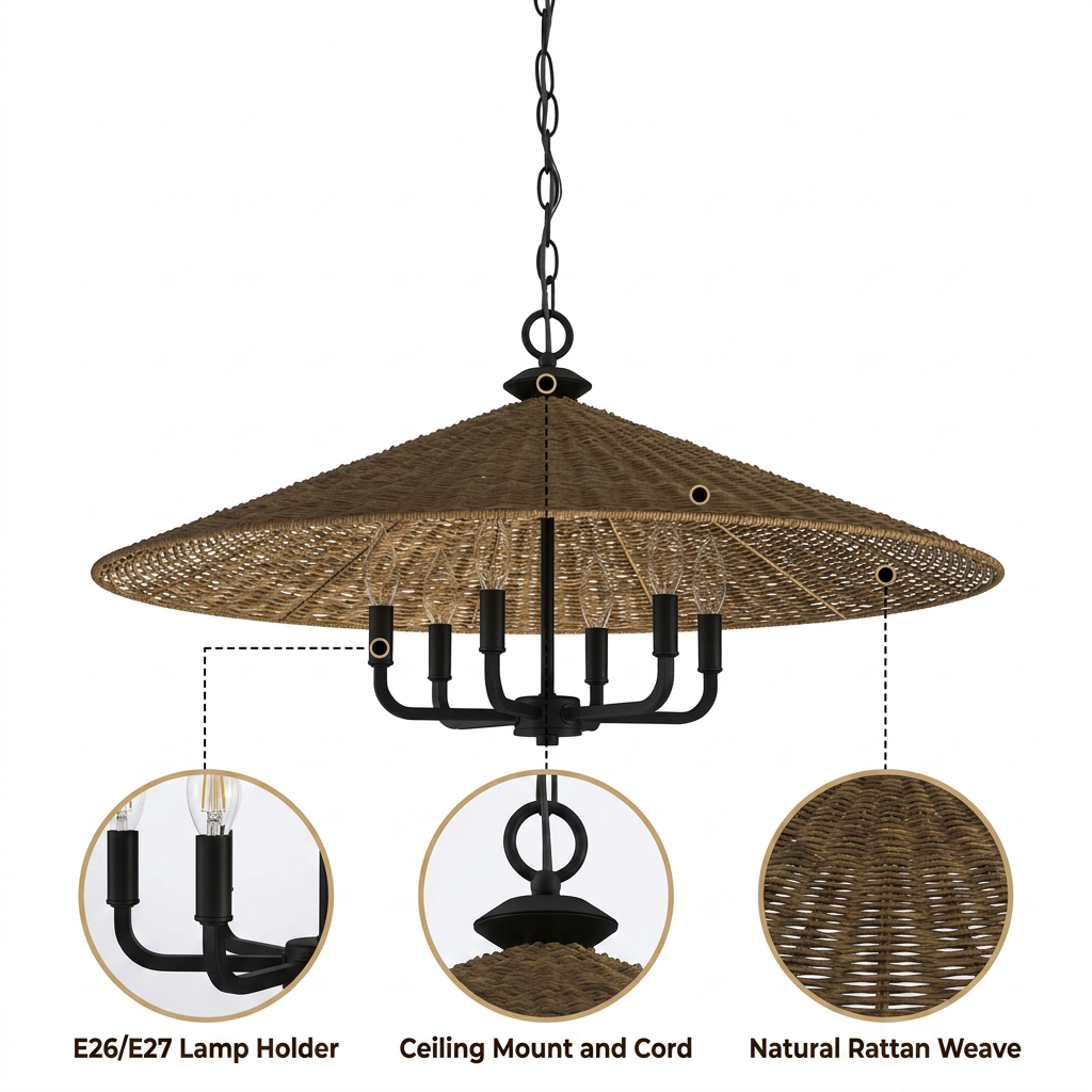 Eman Dark Wicker Pendant Light Shade with dense hand-woven rattan coil, brown matte finish, adjustable cord mount, six E26 sockets casting warm ambient light