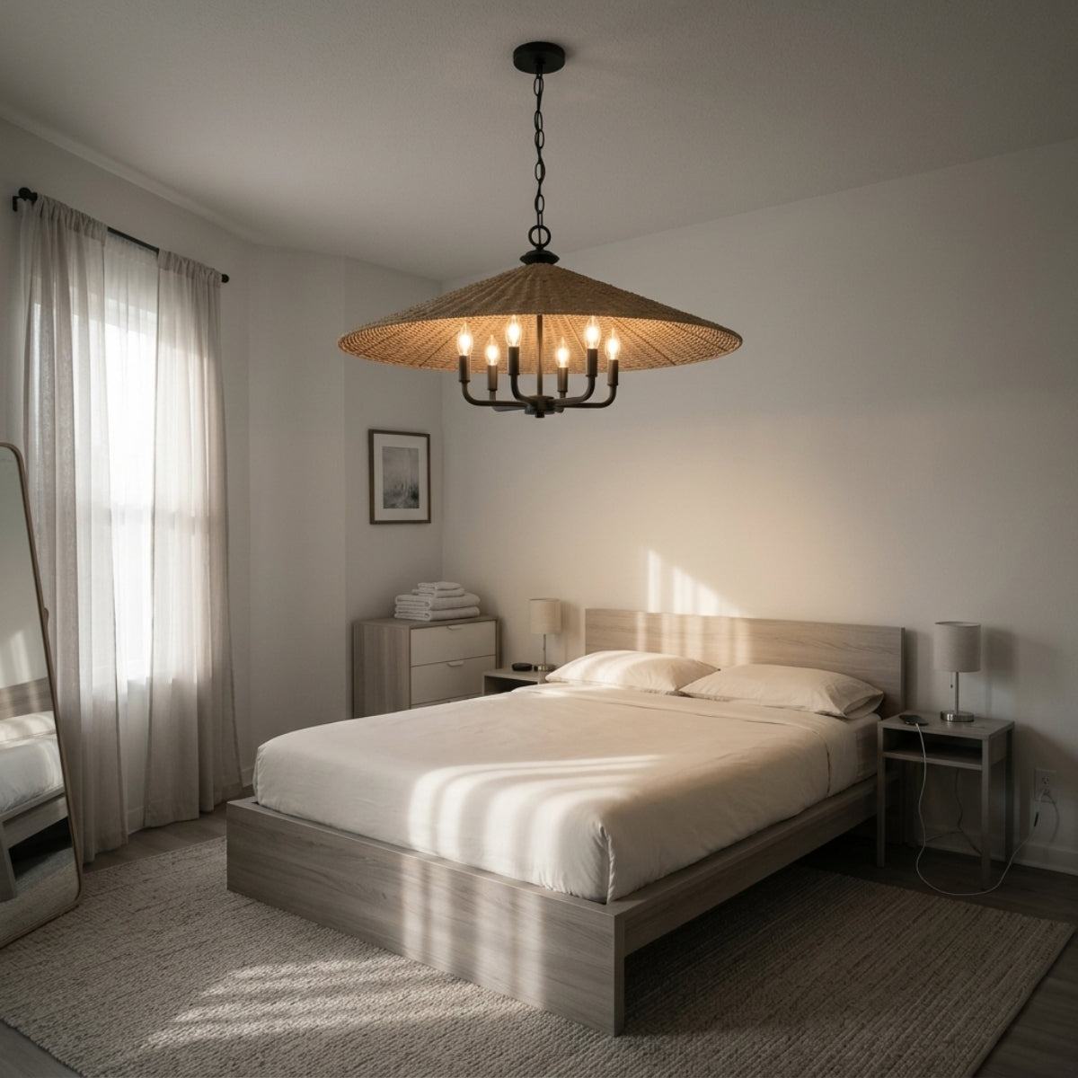 Eman Dark Wicker Pendant beside the bed in bedroom, wide woven cone casting a soft pool of light within a 20-26 inch hanging range