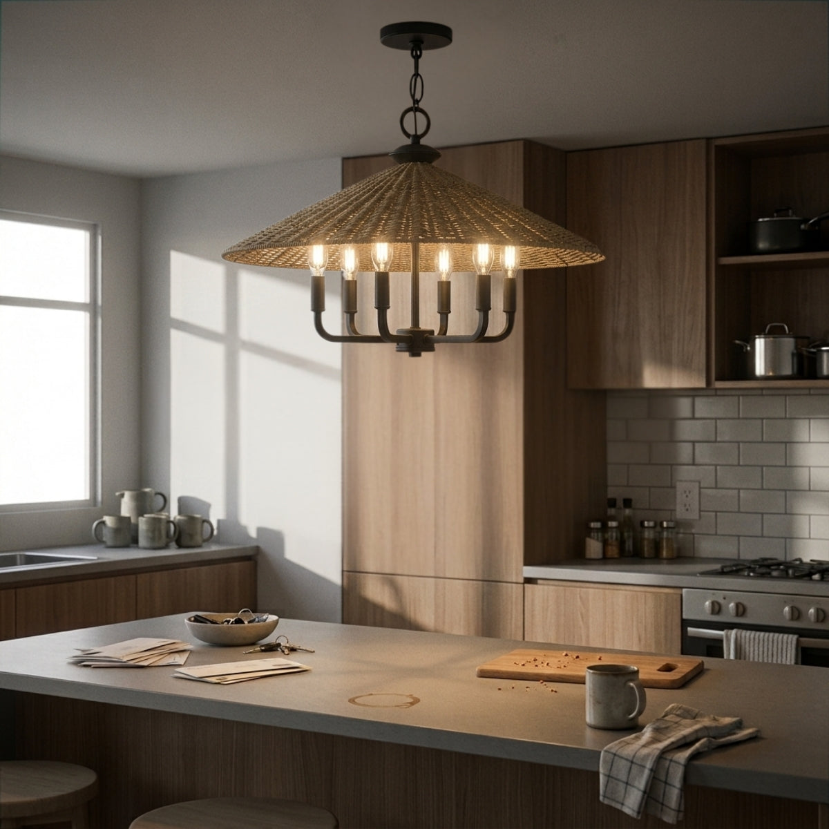 Eman Dark Wicker Pendant over kitchen island, two 29.9-inch cones spaced 32 inches apart evenly lighting the work surface below