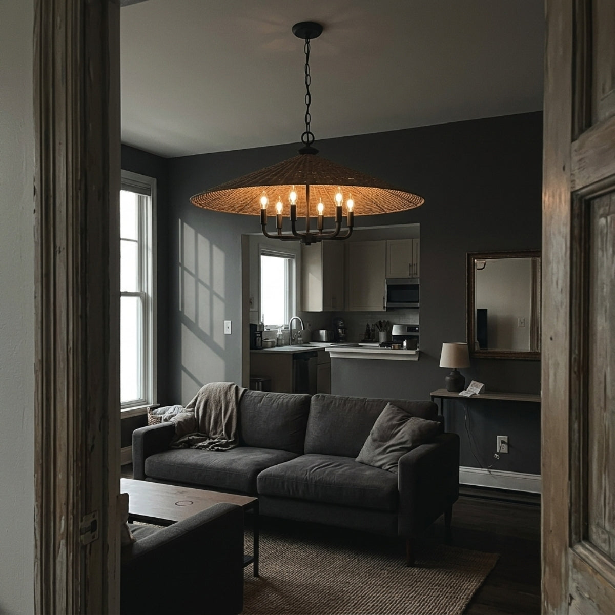 Eman Dark Wicker Pendant in living room, 29.9-inch cone reading as a centerpiece over the sofa grouping beneath an 8-9 ft ceiling