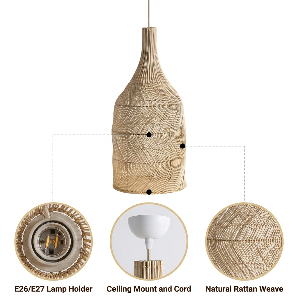 Embid Natural Rattan Ceiling Light with graduated multi-density weave, natural matte finish, adjustable suspension mount, one E26 socket for warm diffused glow