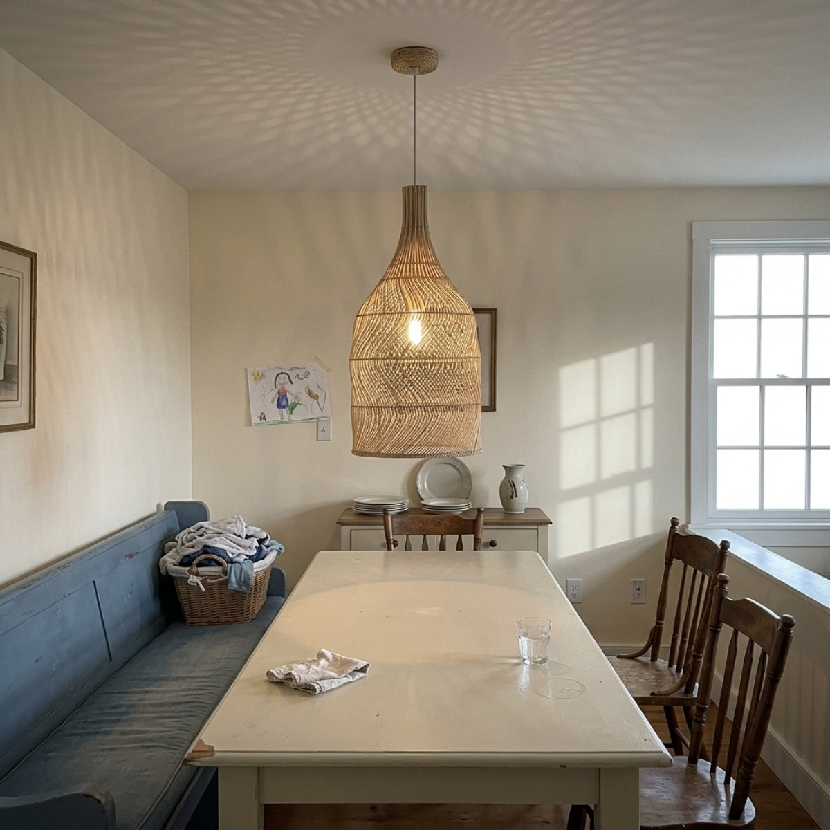 Embid Natural Rattan Ceiling Light above dining table, 13.8-inch shade centered over a six-seat table with filtered light instead of glare