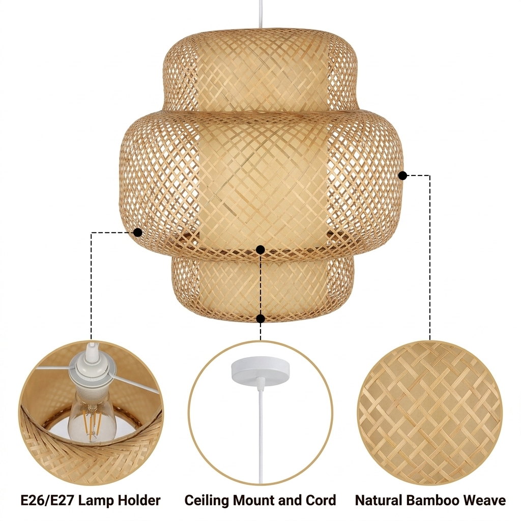 Enakshi Abstract Bamboo Pendant Light Shade with open-weave layered bamboo strips, natural matte finish, adjustable cord mount, one E26 socket for warm ambient glow