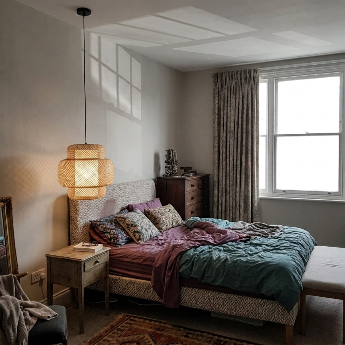 Enakshi Abstract Bamboo Pendant beside the bed in bedroom, 11.8-inch shade sitting neatly beside the nightstand without crowding the space
