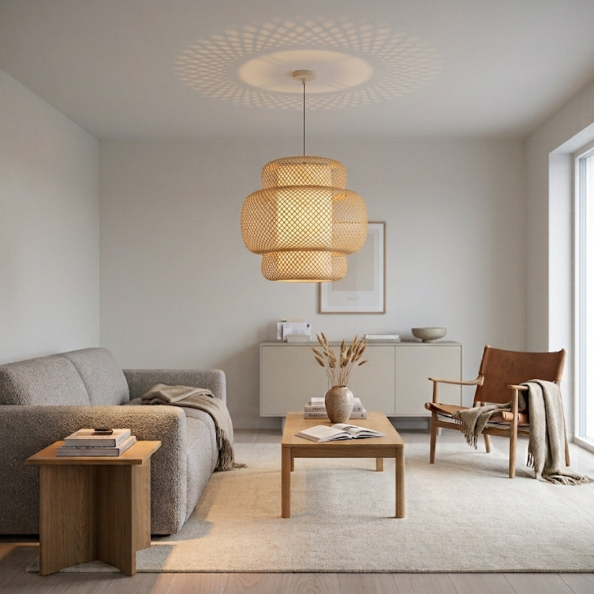 Enakshi Abstract Bamboo Pendant in living room, 19.7-inch shade reading as a centerpiece with open weave casting soft glow across the sofa and coffee table