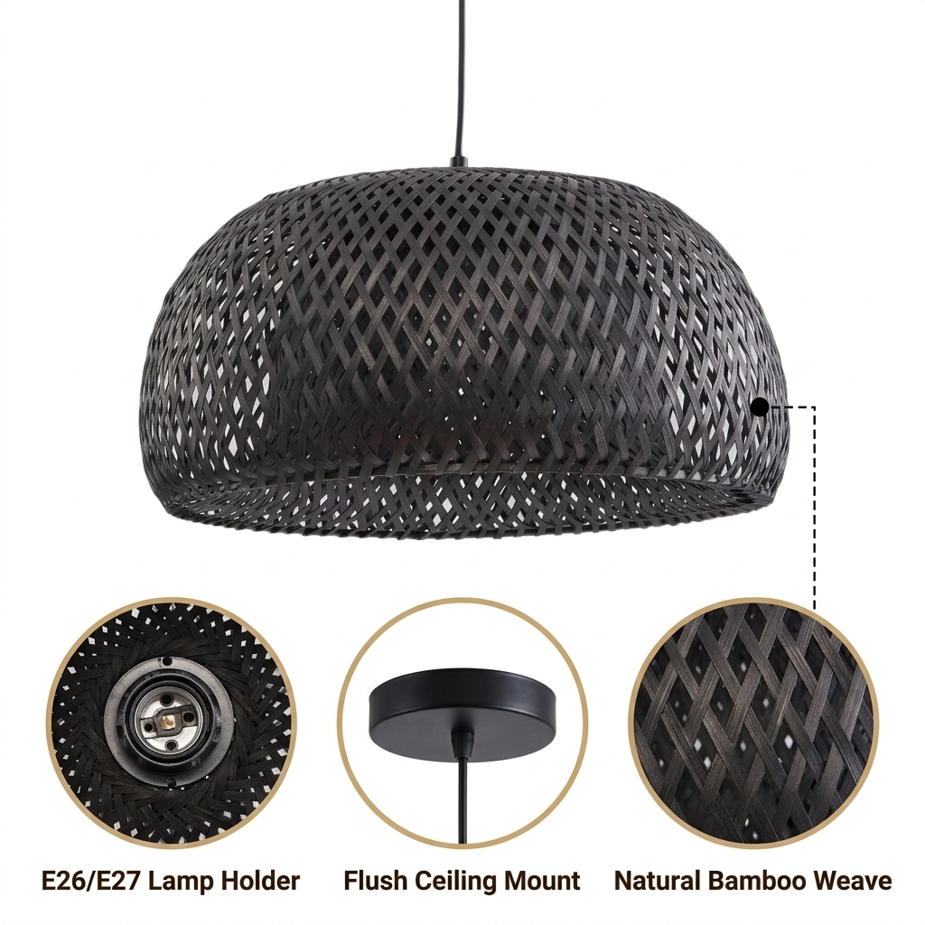 Eskil Black Bamboo Pendant Light Shade with open bamboo weave, black matte finish, adjustable ceiling mount, one E26 socket casting warm ambient glow