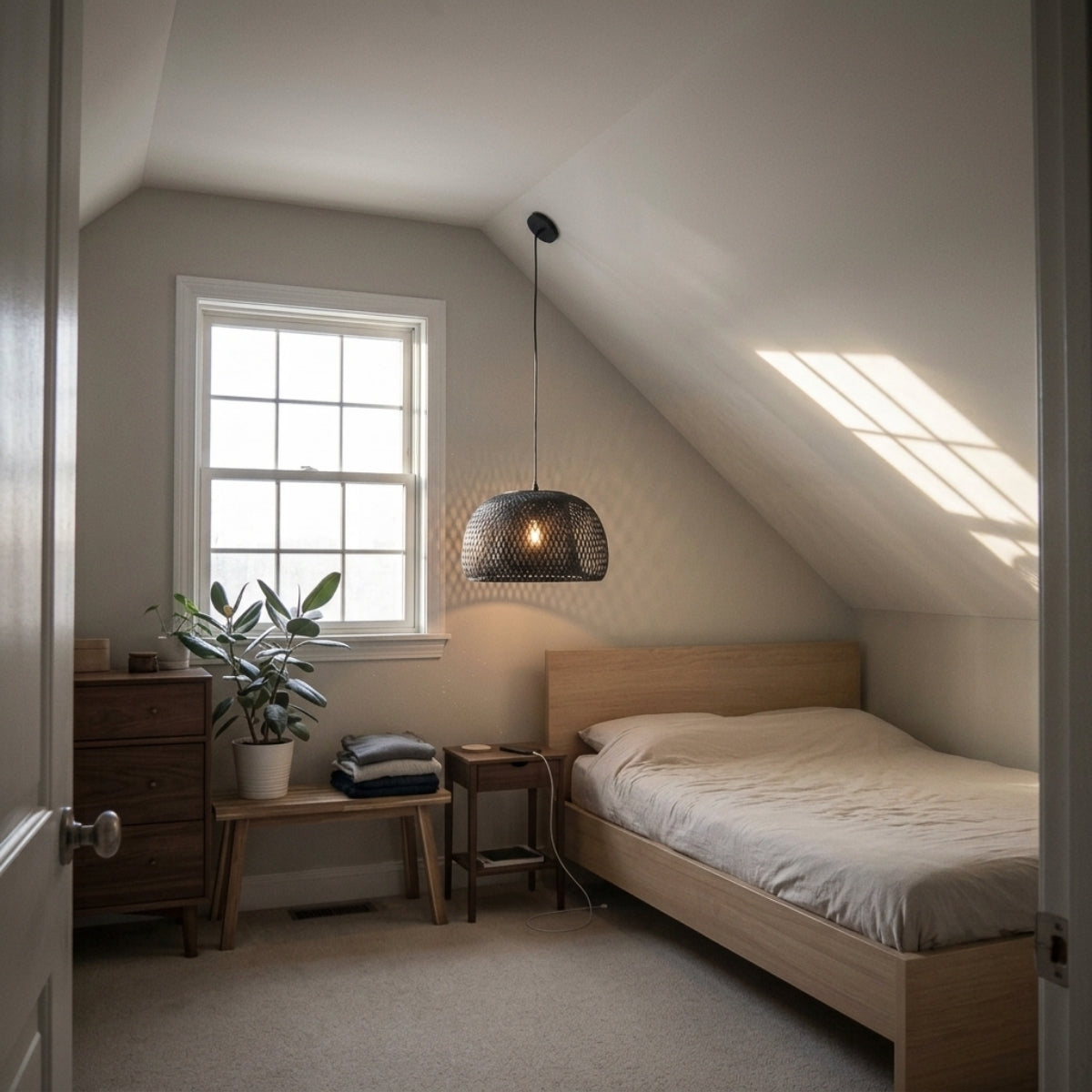 Eskil Black Bamboo Pendant beside the bed in bedroom, 11.8-inch shade clearing the nightstand footprint while throwing warm light for reading