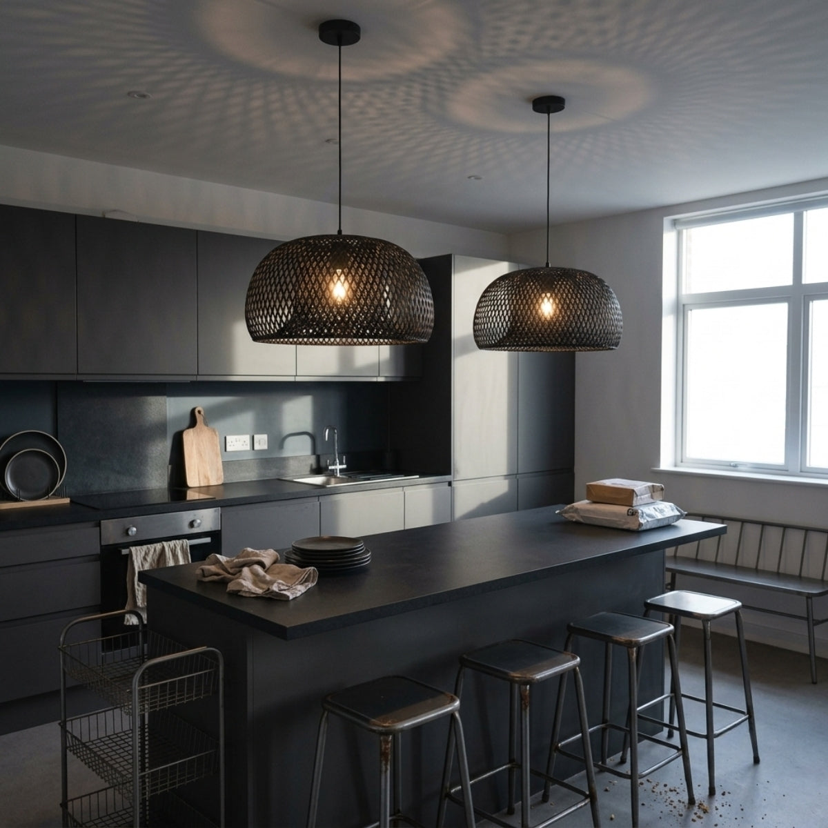 Eskil Black Bamboo Pendant over kitchen island, two or three 11.8-inch shades clustered for even coverage across the work surface