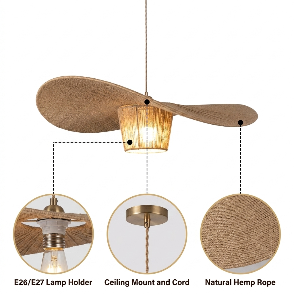Extra Large Rustic Hat Pendant Light with hand-coiled hemp rope, asymmetrical wave brim, natural matte finish, adjustable mount, one E26 socket for warm glow