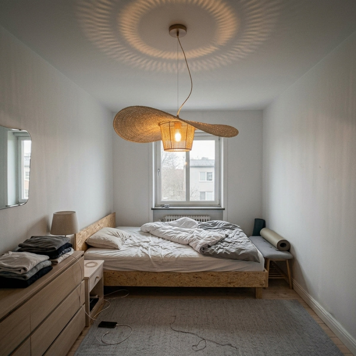 Extra Large Rustic Hat Pendant beside the bed in bedroom, 23.6-inch shade with wave brim keeping the glow low and soft for reading