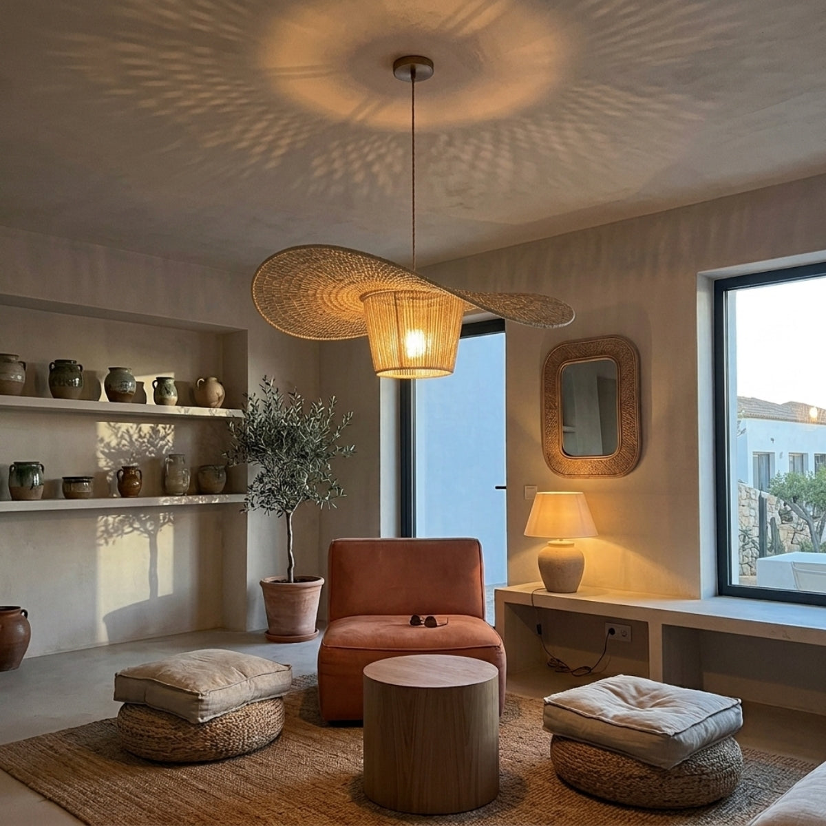 Extra Large Rustic Hat Pendant in living room, 39.4-inch shade as centerpiece over the coffee table with wide wave brim spreading ambient light