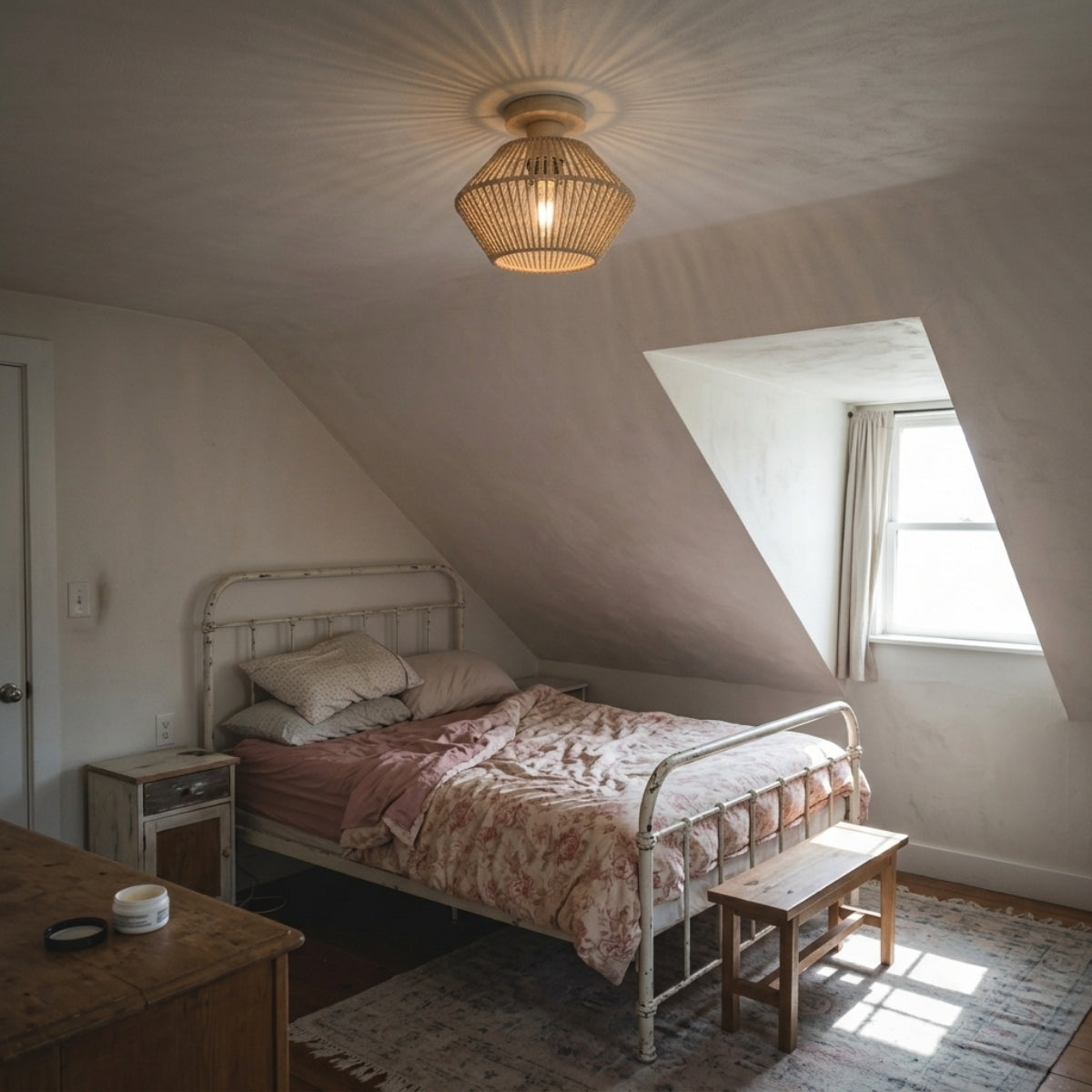 Femila Boho Rattan Ceiling Light above the nightstand in bedroom, flush dome replacing a table lamp while casting a soft diamond shadow overhead