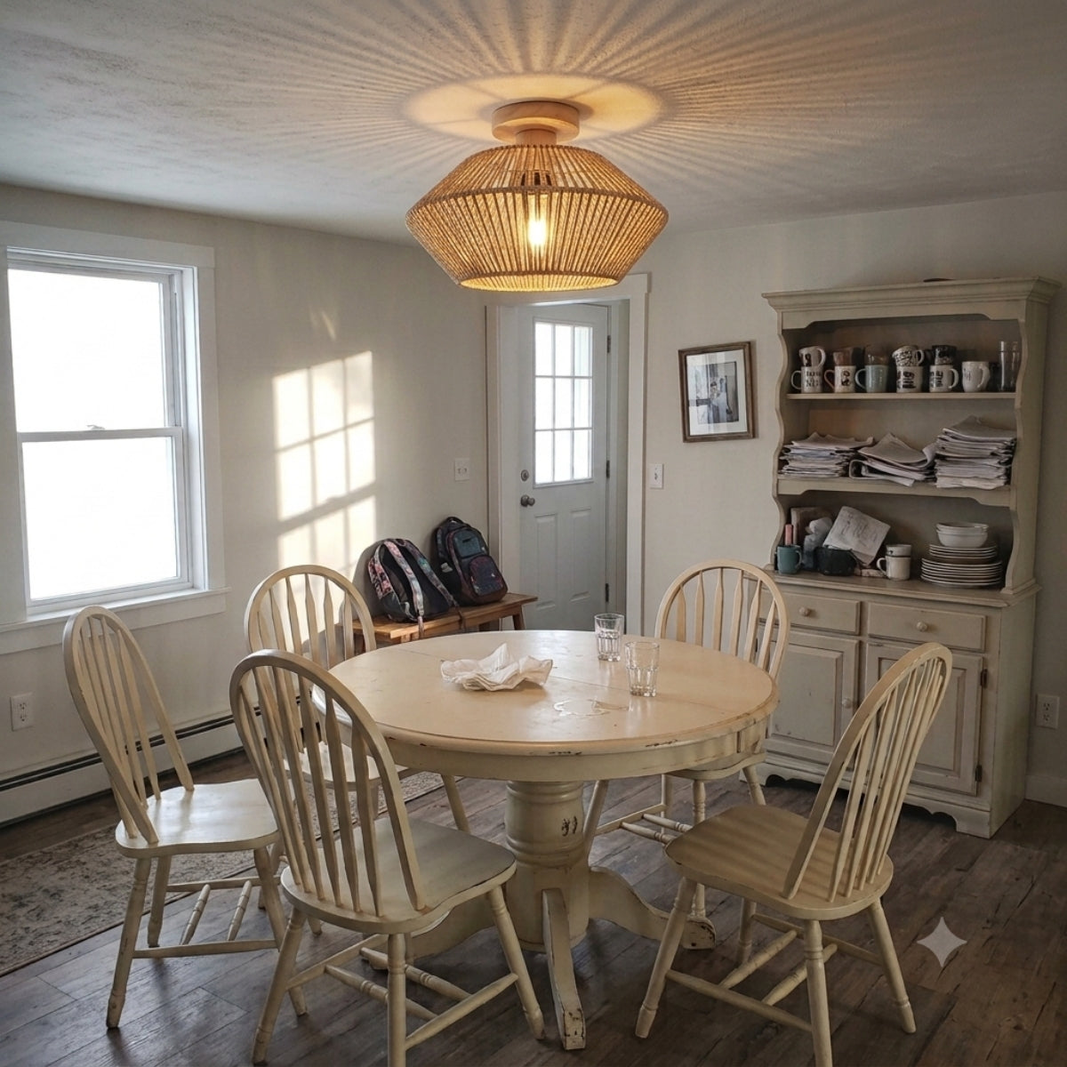 Femila Boho Rattan Ceiling Light above dining table, 12.6-inch dome centered over the table with a low profile sitting close for even light