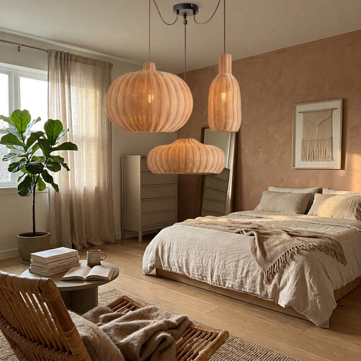 Finns Boho Basket Rattan Pendant beside the bed in bedroom, Style B 18.9-inch disc with a low profile clearing the nightstand surface