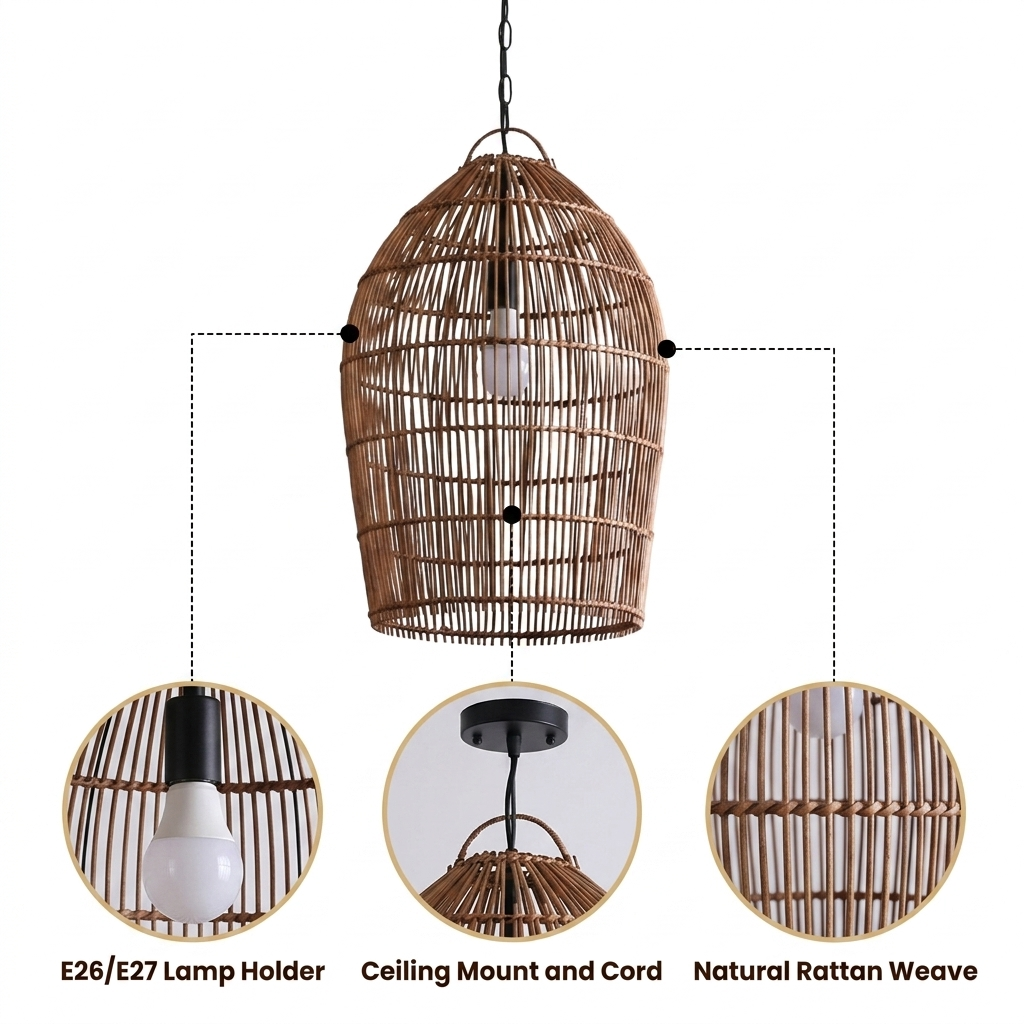 Fish-trap Boho Rustic Rattan Pendant Light with open-weave hourglass cage weave, natural matte finish, adjustable mount, one E26 socket for warm ambient glow