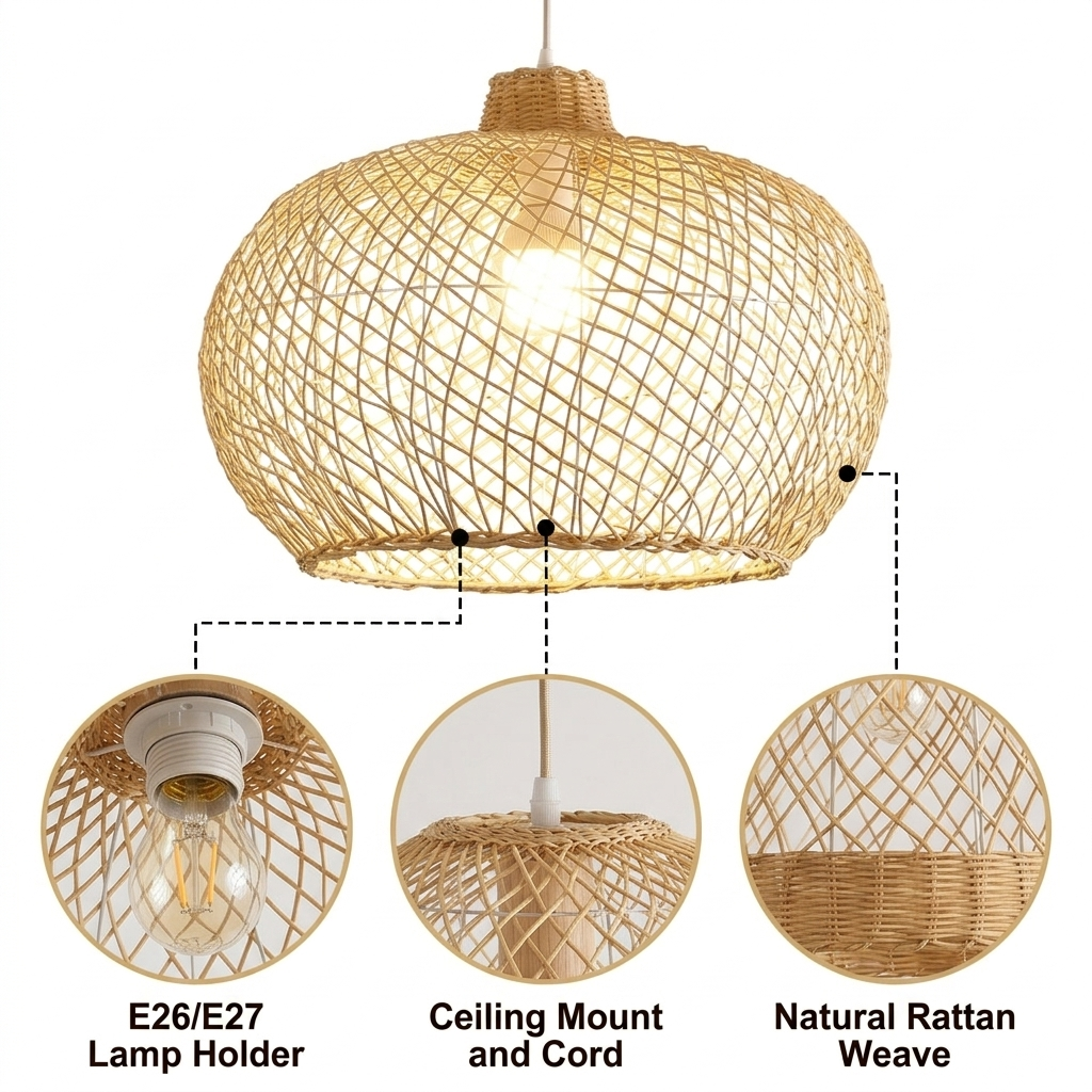 Flora Rattan Pendant 23 Inch Diameter with open basket weave over a bent rattan frame, natural matte finish, adjustable mount, one E26 socket for ambient glow