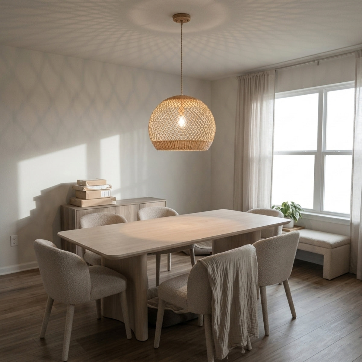 Flora Rattan Pendant above dining table, 23-inch grand dome covering a standard table without glare at eye level when seated
