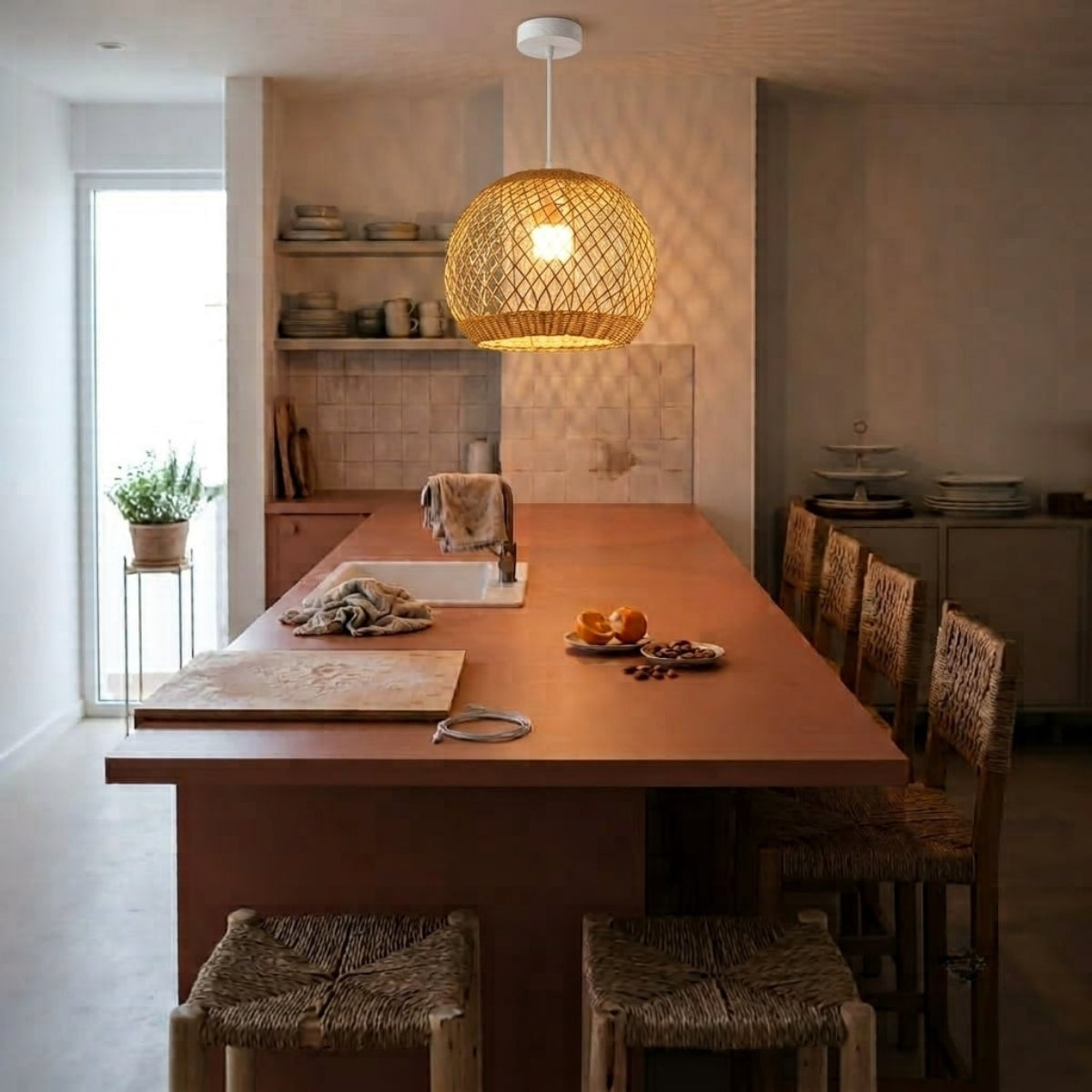 Flora Rattan Pendant over kitchen island, two 15.7-inch domes clustered cleanly with centers set so no bulb lands directly over a seat