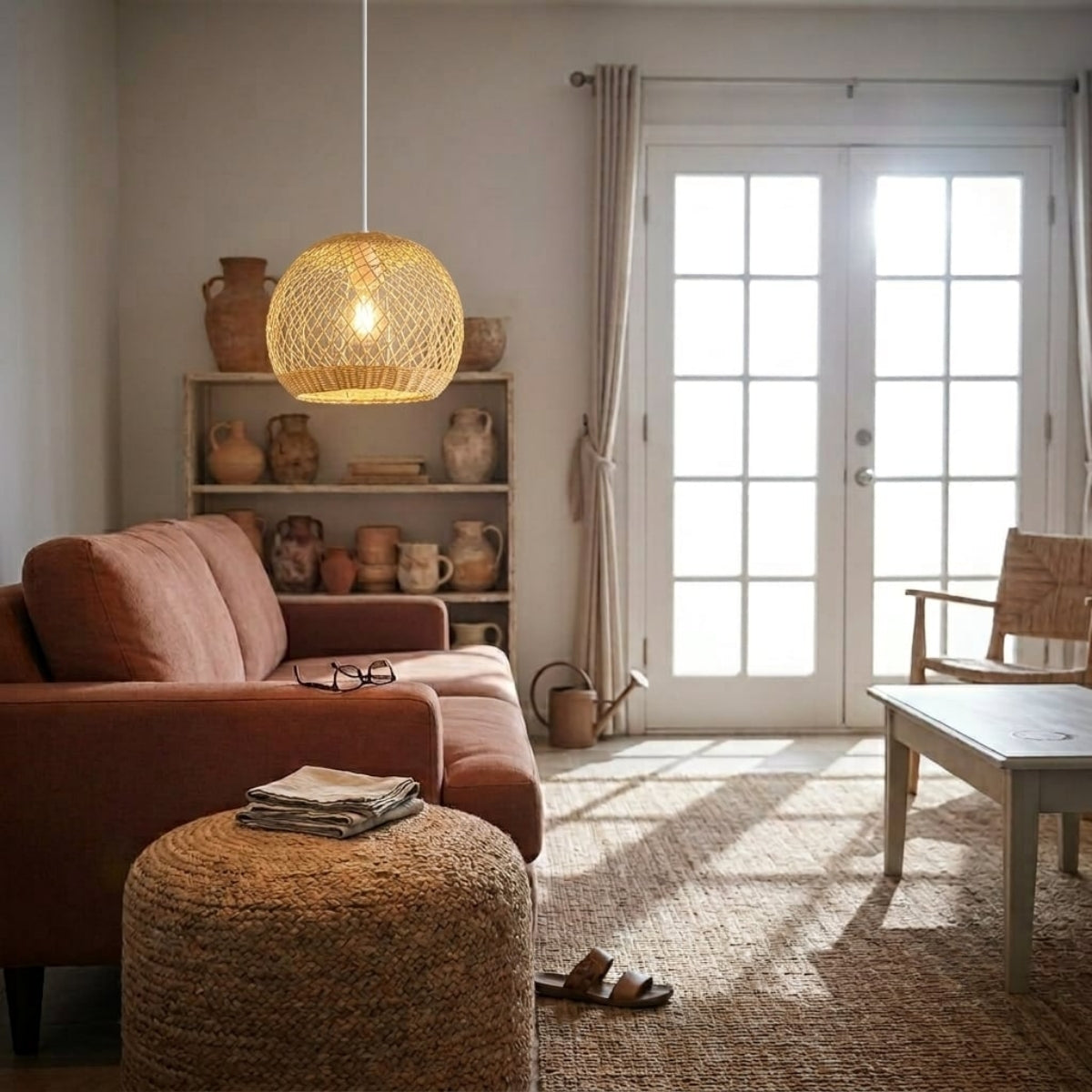 Flora Rattan Pendant in living room, wide 23-inch dome reading as the room's centerpiece and ambient fill relative to the sofa