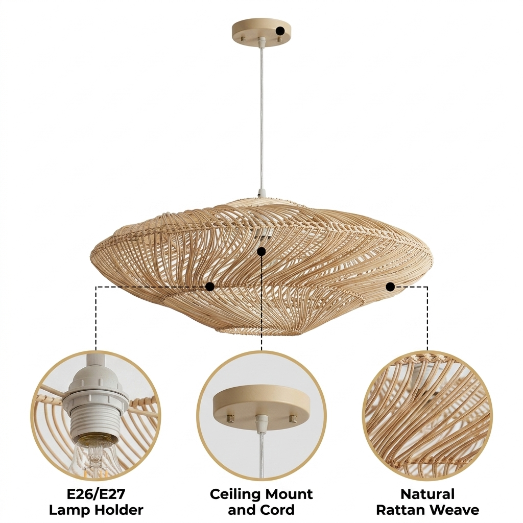 Flying Saucer Black Rattan Pendants with open radial lattice weave, black matte finish, adjustable cord mount, one E26 socket casting warm ambient glow