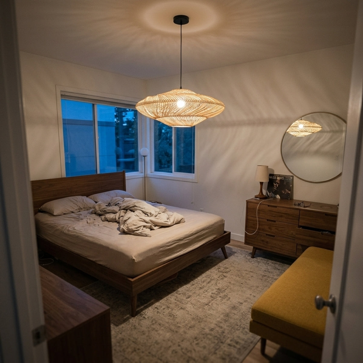 Flying Saucer Rattan Pendant beside the bed in bedroom, 19.7-inch saucer with a low profile keeping the shade clear of the sightline