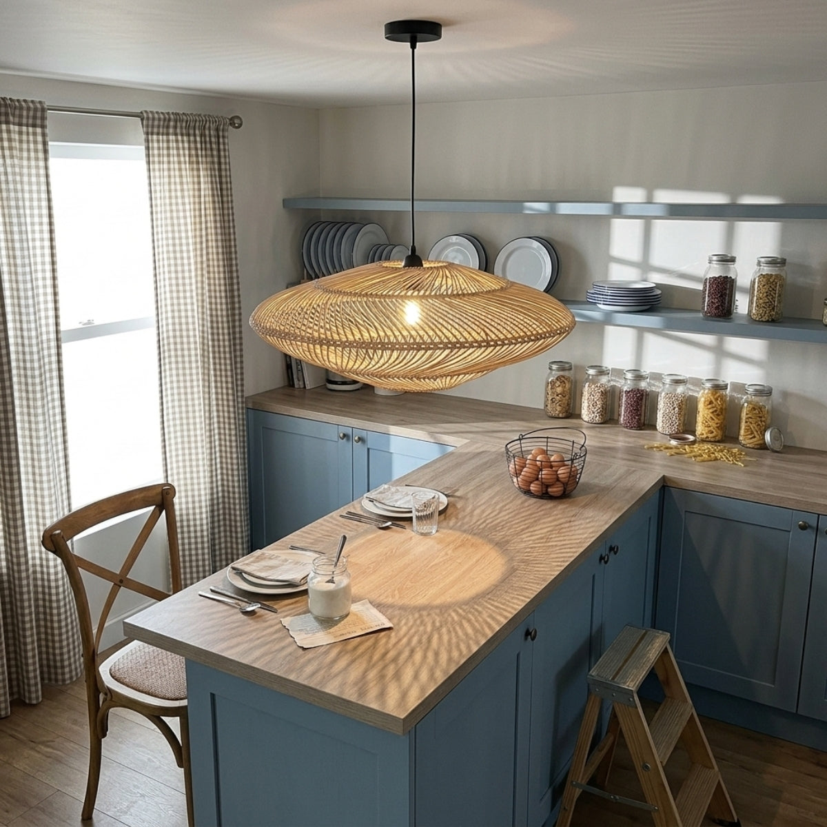 Flying Saucer Rattan Pendant over kitchen island, two or three saucers clustered without crowding the sightline across the counter surface