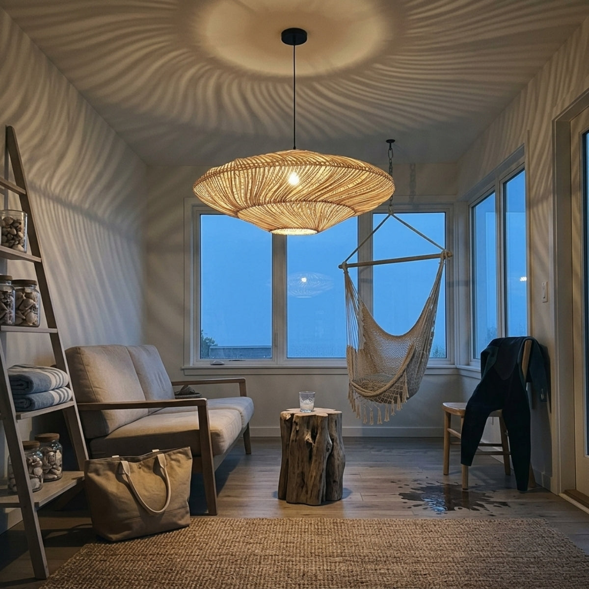Flying Saucer Rattan Pendant in living room, 31.5-inch saucer as centerpiece over the coffee table with open weave casting a soft overhead pattern