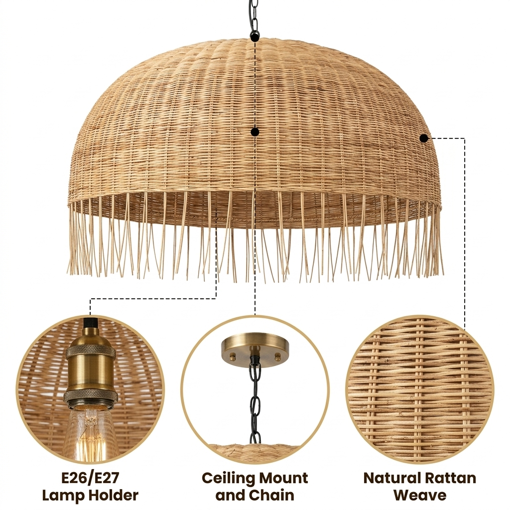 Frayed Rattan Wicker Dome Pendant Light with dense basket weave and cascading frayed rope fringe, natural matte finish, adjustable mount, one E26 socket for warm glow
