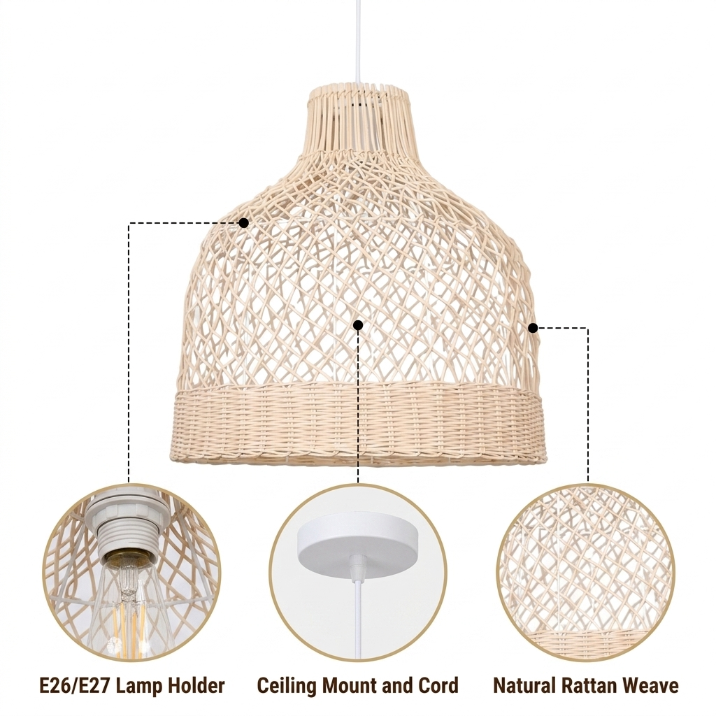 Fuelix Rattan Basket Pendant Light with diamond lattice top and dense basket weave base, natural matte rattan, adjustable cord mount, one E26 socket for warm ambient glow