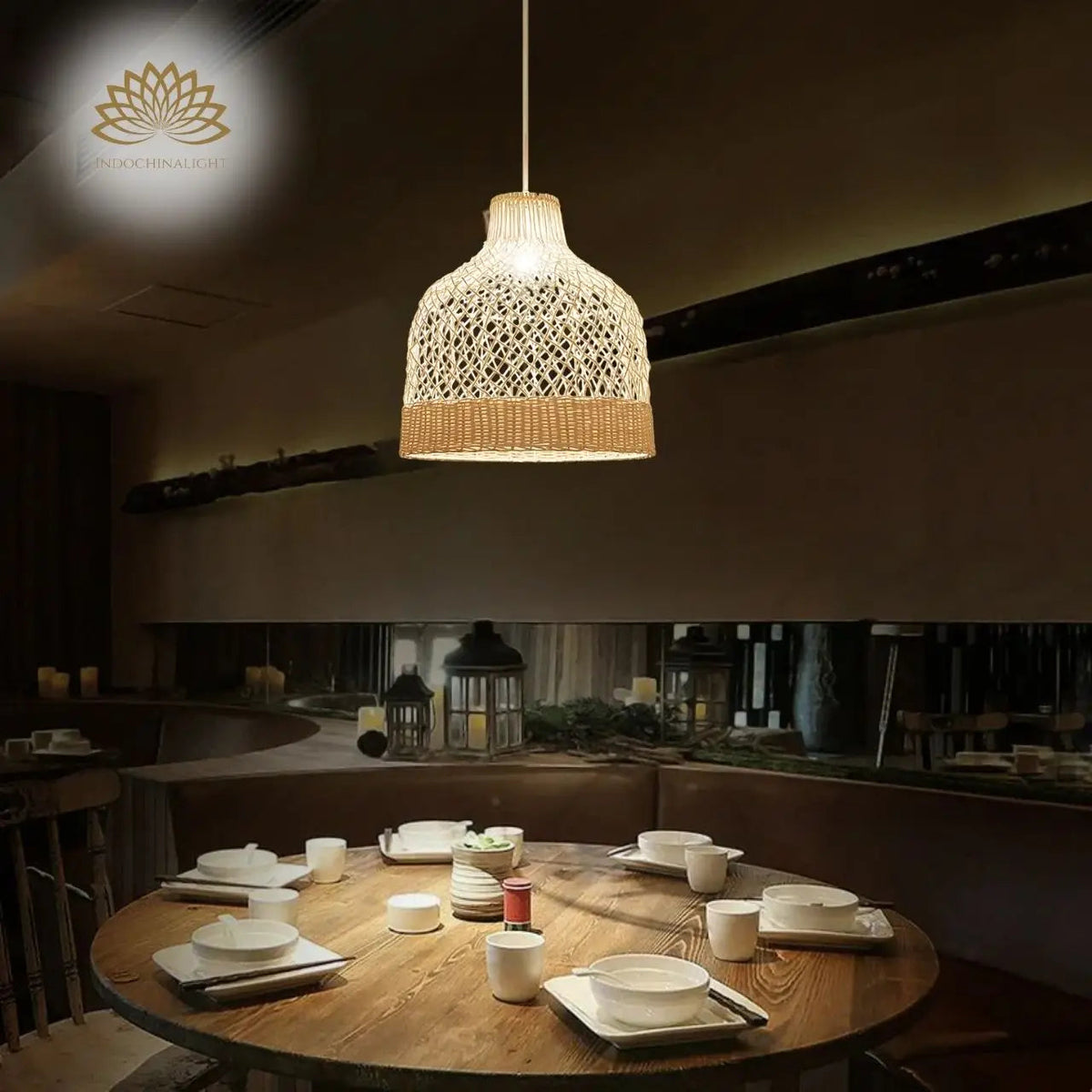 Fuelix Rattan Basket Pendant Light in dining room, 23.6-inch dome centered over the table filtering light through diamond lattice as the woven base blocks glare